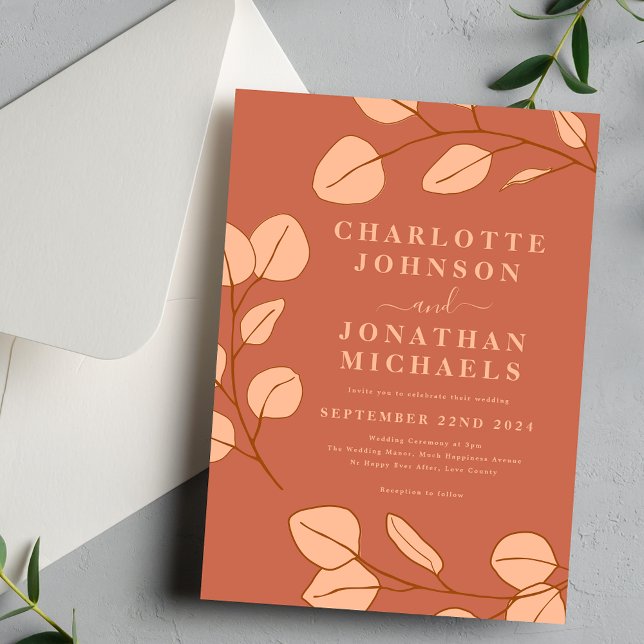 Minimalistischer Eukalyptus Leaf Terracotta Hochze Einladung (Modern simple leaves peach fuzz wedding invitation with elegant typography )
