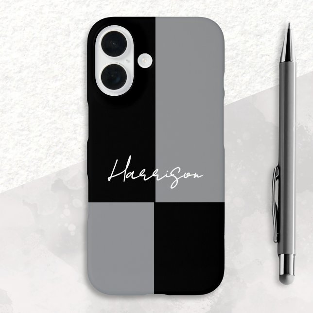 Minimalistischer Farbblock Grauer schwarzer Indivi iPhone 16 Hülle (A phone case with black and gray color block design, with custom name in white script typography)