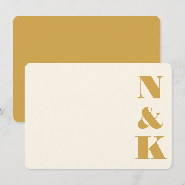 Minimalistischer, fett-Monogramm-Gelbcreme-Hochzei Mitteilungskarte (Vorne/Hinten)