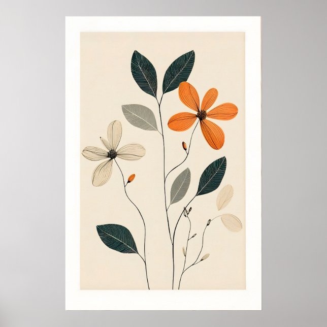 Minimalistischer floraler Kunstdruck Beige, Grün & Poster (Vorne)