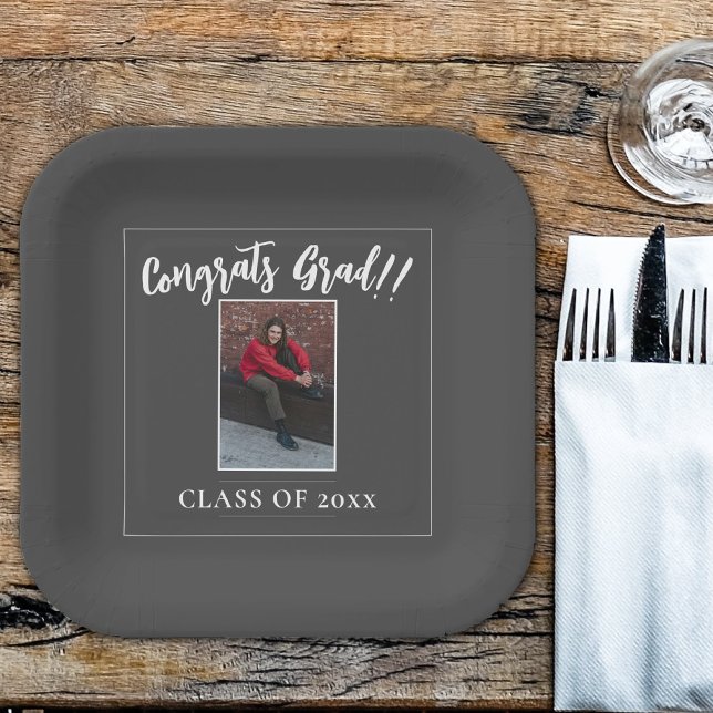 Minimalistischer Foto Abschluss | Grau Pappteller (Gray Minimalist Photo Graduation Party Paper Plates)