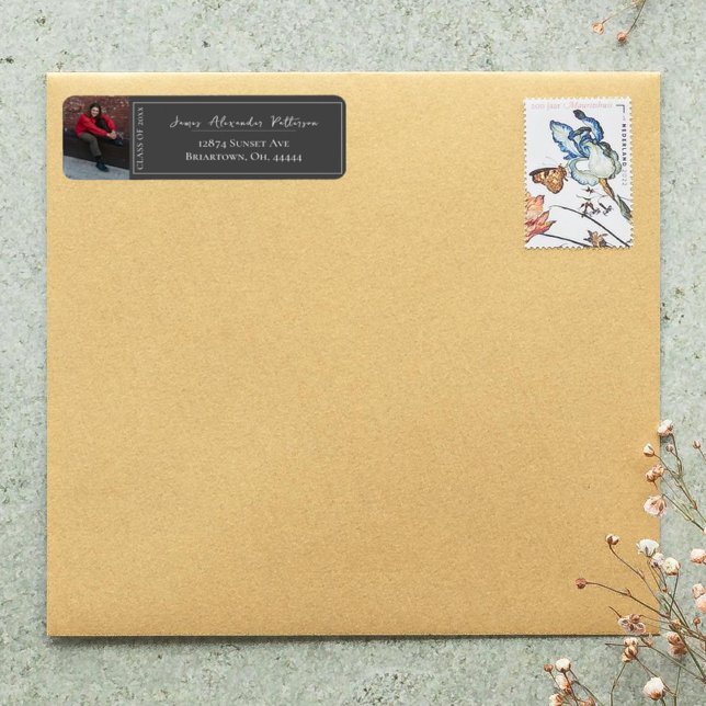 Minimalistischer Foto Abschluss | Graue Adresse (Gray Minimalist Photo Graduation Address Label)