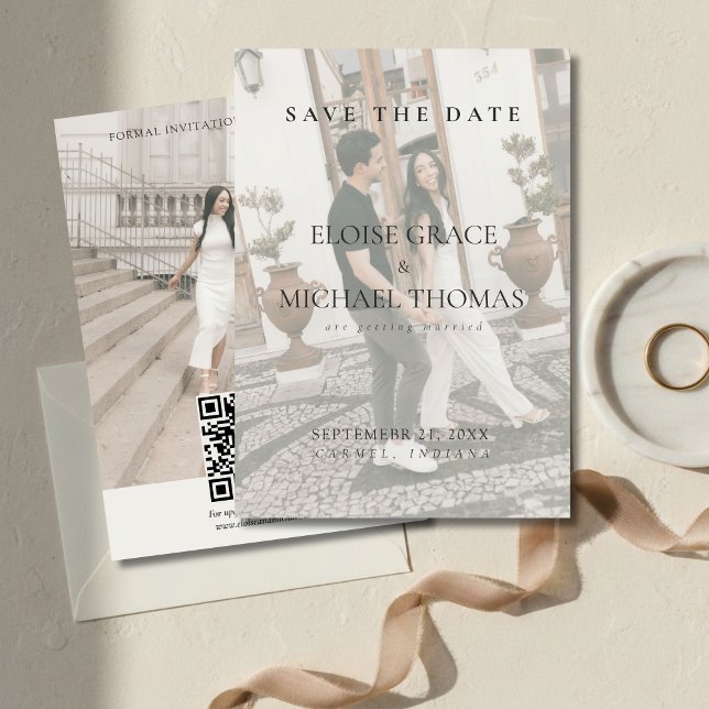 Minimalistischer Foto-Klassiker QR-Code Save The D Einladung (Minimalist Photo Classic QR Code Save The Date Invitation)