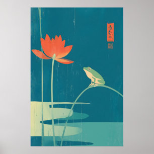 Minimalistischer Frosch & Lotus-Kunstprint Dunkles Poster