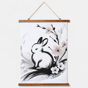 Minimalistischer Frühlings-Zen-Hase Kirschblüten Wandteppich Mit Holzrahmen