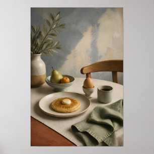 Minimalistischer Frühstückstisch mit Pfannkuchen u Poster