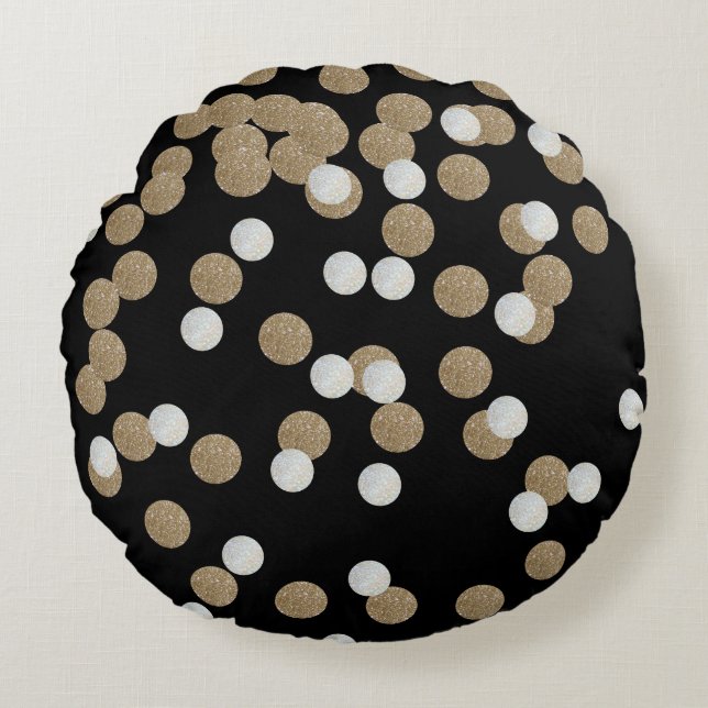 Minimalistischer Glitzer, schwarzer Champagnergold Rundes Kissen (Vorderseite)