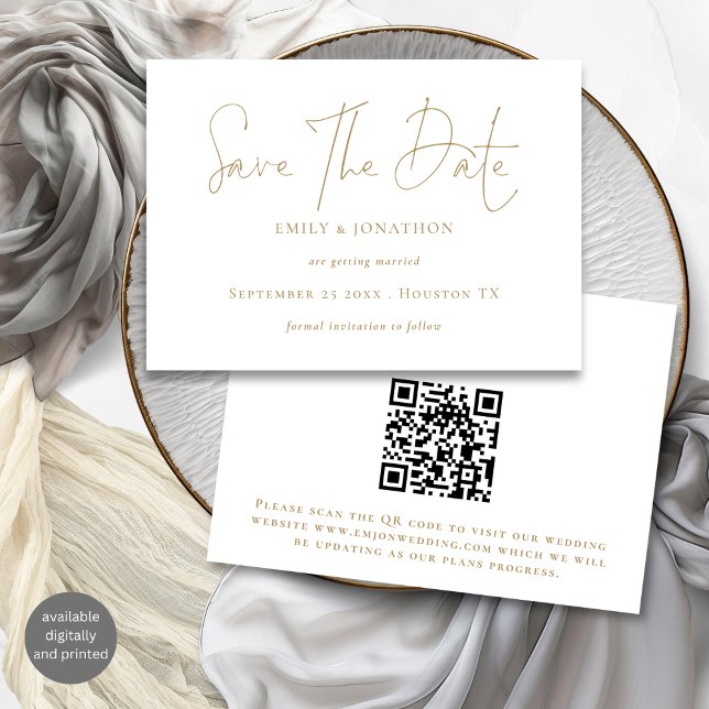 Minimalistischer Gold Script QR Code Save The Date (Front and back view)