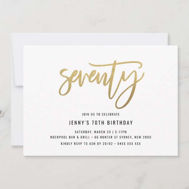 Minimalistischer Goldfilm 70. Geburtstag Einladung (Vorderseite)