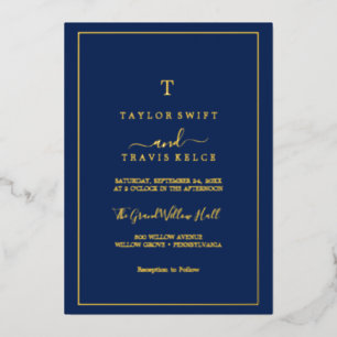 Minimalistischer Goldfolie   Navy Blau Monogramm-H Folieneinladung
