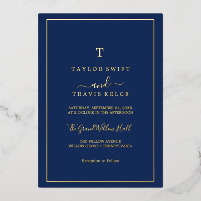 Minimalistischer Goldstreifen | Navy Blue Monogram Folieneinladung (Vorderseite)