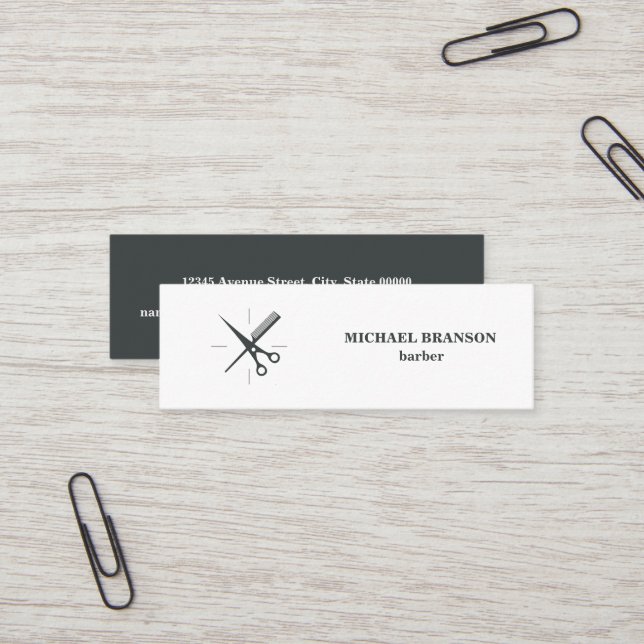 Minimalistischer Graue und weißer Schere Mini Visitenkarte (Vorderseite/Rückseite Beispiel)