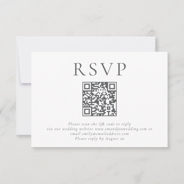 Minimalistischer Grautext QR Code Hochzeit RSVP Karte (Vorderseite)