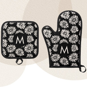 Minimalistischer Groovy Schwarz-Weiß-Monogramm-Dai Ofenhandschuh & Topflappen-Set