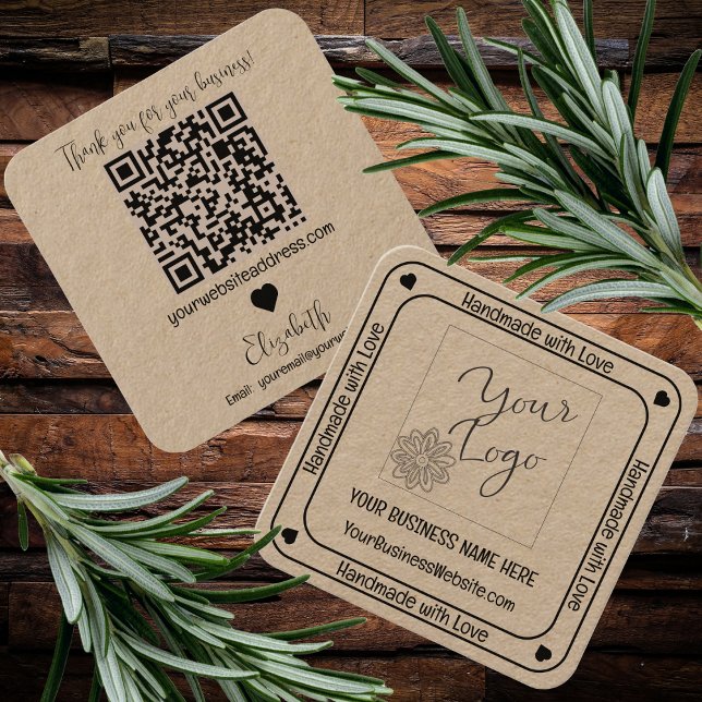 Minimalistischer Handling mit QR-Code für Lieben Quadratische Visitenkarte (Minimalist Handmade with Love Hearts Crafting Business QR Code Square Kraft Business Card)