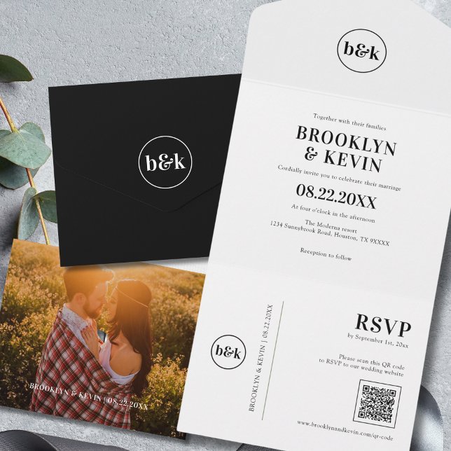 Minimalistischer Haushalt Schwarz-weiß QR-Code | F All In One Einladung (Minimalist Budget Classic Black White QR Code  PHOTO All In One Invitation)