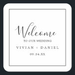 Minimalistischer Hochzeitsempfang Quadratischer Aufkleber<br><div class="desc">Diese minimalistischen Begrüßungsaufkleber sind perfekt für eine einfache Hochzeit. Das moderne romantische Design besticht durch klassische schwarz-weiße Typografie gepaart mit einer rustikalen und eleganten Kalligraphie mit Vintagem handgeschriebenem Stil. Anpassbar in jeder Farbe. Behalt das Design einfach und elegant, wie es ist, oder personalisiere es durch Hinzufügen von eigenen Grafiken und...</div>