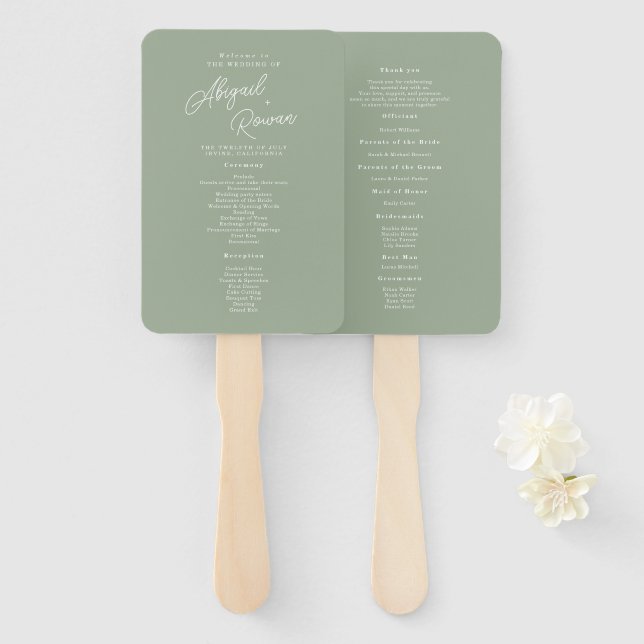 Minimalistischer Hochzeitsprogramm in Salbeigrün Fächer (Vorne und Hinten)