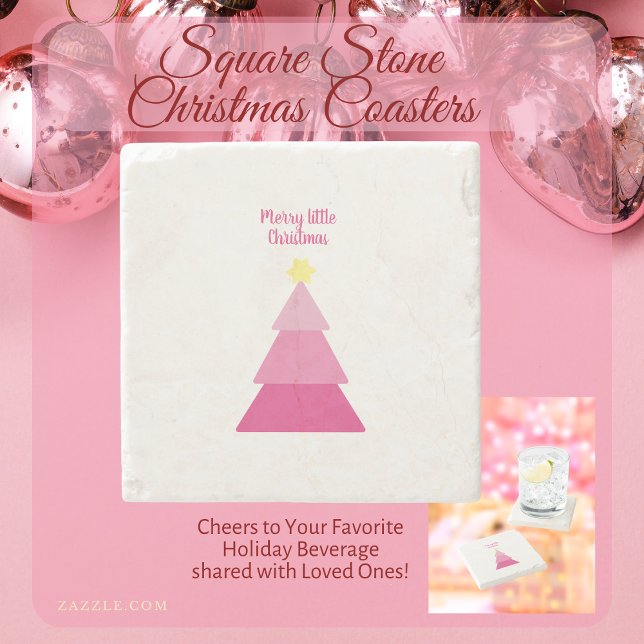 Minimalistischer Hot Pink Merry Little Weihnachtsb Steinuntersetzer (Pink square stone Christmas coasters. Perfect complement to your favorite holiday bevs and friends.)