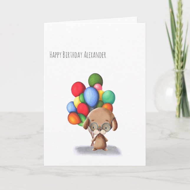 Minimalistischer Hund mit Balloons Personalisiert  Karte (Vorderseite)