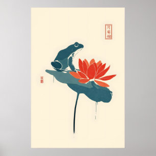 Minimalistischer japanischer Frosch- und Lotusdruc Poster