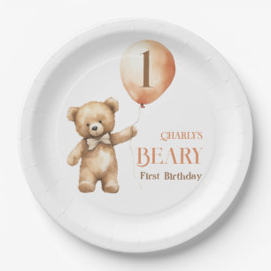 Minimalistischer kleiner Bär Beige Beary 1. Geburt Pappteller