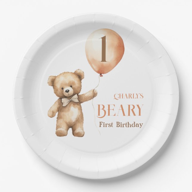 Minimalistischer kleiner Bär Beige Beary 1. Geburt Pappteller (Vorderseite)