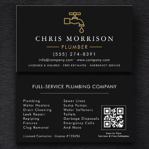 Minimalistischer Klempner Schwarz Gold QR-Code Visitenkarte