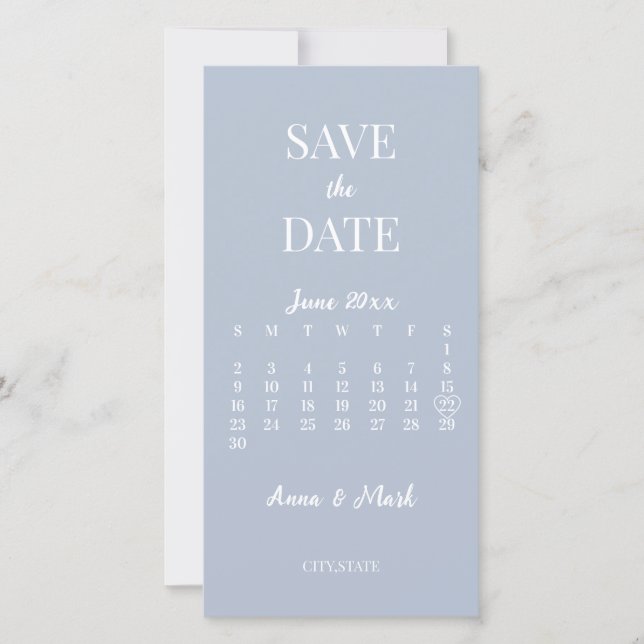 Minimalistischer moderner Dusty Blue Calendar Save The Date (Vorderseite)