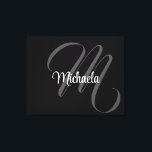Minimalistischer moderner Monogramm-Anfangsname Leinwanddruck<br><div class="desc">Minimalistische moderne Monogramm Anfangsname Schwarz-weiß. Personalisierbarer individuelle Name mit einem kursiven Initial hinter einer schwarzen Farbe.</div>