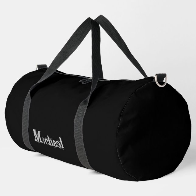 Minimalistischer moderner Monogrammname Schwarz-we Duffle Bag (Linke Ecke)
