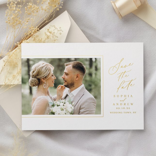 Minimalistischer moderner schicker Skriptfoto-Save Folieneinladung (Minimalist Modern Chic Script Photo Save The Date Foil Invitation)