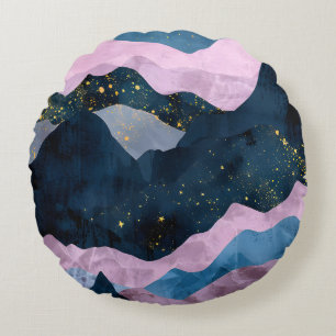 Minimalistischer Mond Sternenhimmel Bergtal Rundes Kissen