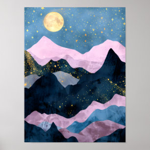Minimalistischer Mond Sternenhimmel Gebirgs Tal Poster