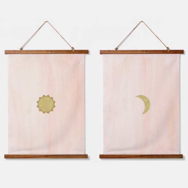 Minimalistischer Mond und Sonne Wandteppich Mit Holzrahmen (Doppelt)
