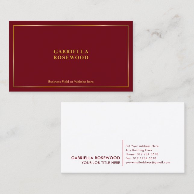 Minimalistischer Monogram Gold Frame Red Maroon Visitenkarte (Vorne/Hinten)