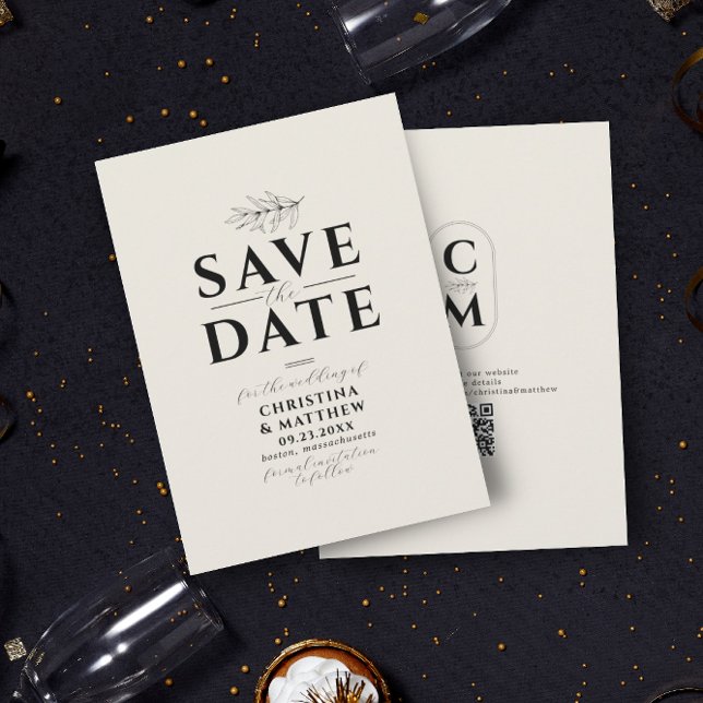 Minimalistischer Monogramm Beige-Black-QR-Code Save The Date (Von Creator hochgeladen)