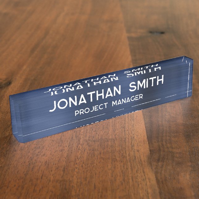 Minimalistischer Name des Navy Blue Brushed Metal Namensplakette (Seite)