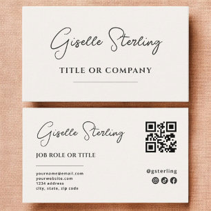 Minimalistischer neutraler Beige-Script QR-Code Visitenkarte
