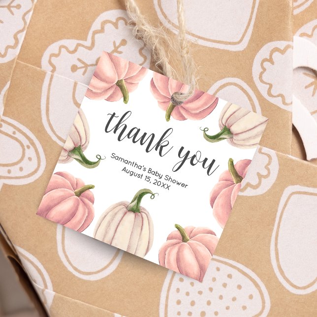 Minimalistischer Pink Pumpkin Fall Baby Duschplatz Geschenkanhänger (Pink Pumpkin Baby Shower Square Favor Tags)