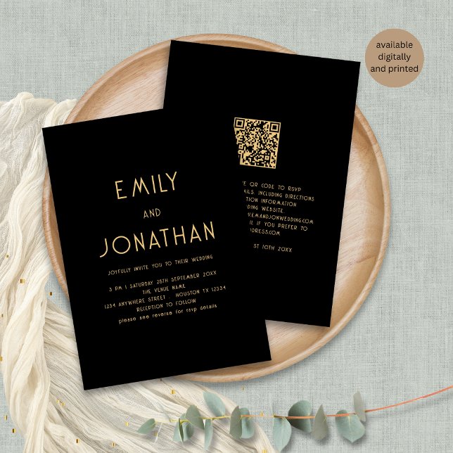 Minimalistischer QR-Code Goldschwarze Hochzeit Einladung (Front and back view)