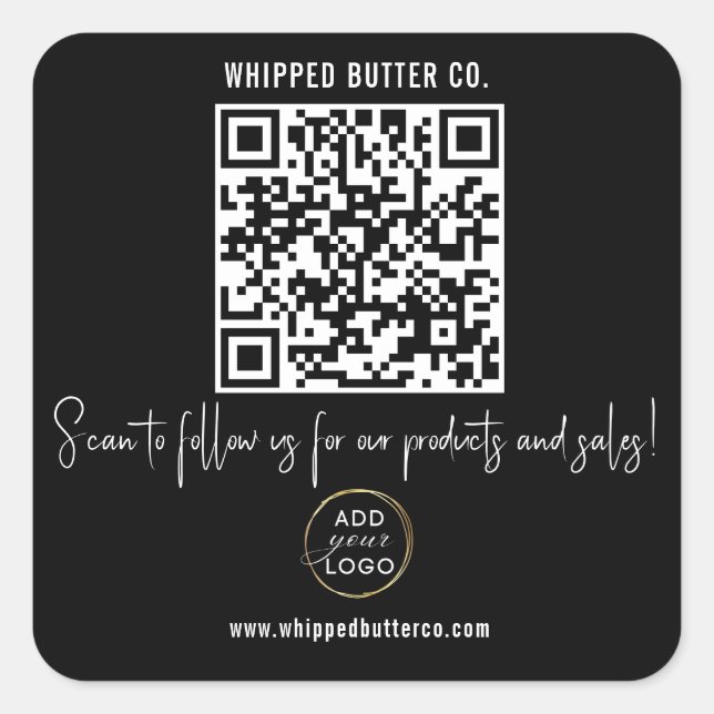 Minimalistischer QR Code + LOGO Black Folgen Sie u Quadratischer Aufkleber (Vorderseite)