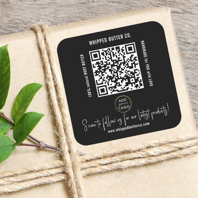 Minimalistischer QR Code + LOGO Black Folgen Sie u Quadratischer Aufkleber (Minimalist QR Code + LOGO Black Follow Us! Square Sticker. Promotional marketing labels)