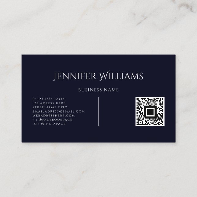 Minimalistischer QR Code Script Modern Blue Visitenkarte (Vorderseite)