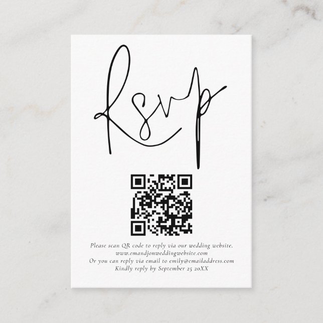 Minimalistischer QR-Code-Skript-Hochzeit RSVP Begleitkarte (Vorderseite)