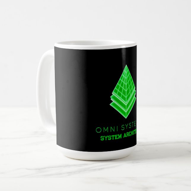 Minimalistischer Retro-Futurismus Omni Systems Tec Kaffeetasse (Vorderseite Links)