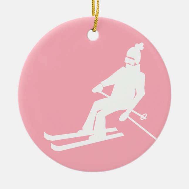 Minimalistischer Retro-Skier Winter Pink White Keramik Ornament (Vorne)
