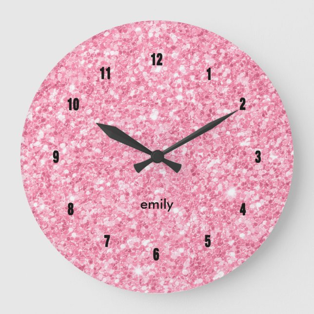 Minimalistischer Rosa-Imitat-Glitzer Große Wanduhr (Vorderseite)