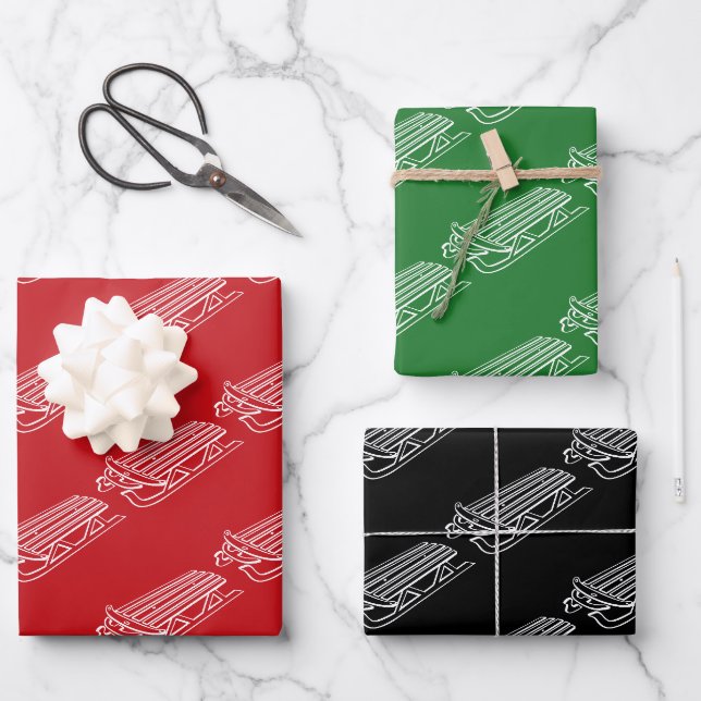 Minimalistischer Rot-Schwarz-Schlittenurlaub des W Geschenkpapier Set (Vorderseite)