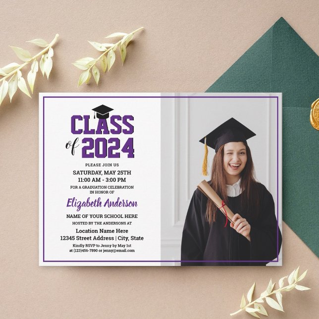 Minimalistischer Royal Lila Graduate Foto Abschlus Einladung (Von Creator hochgeladen)